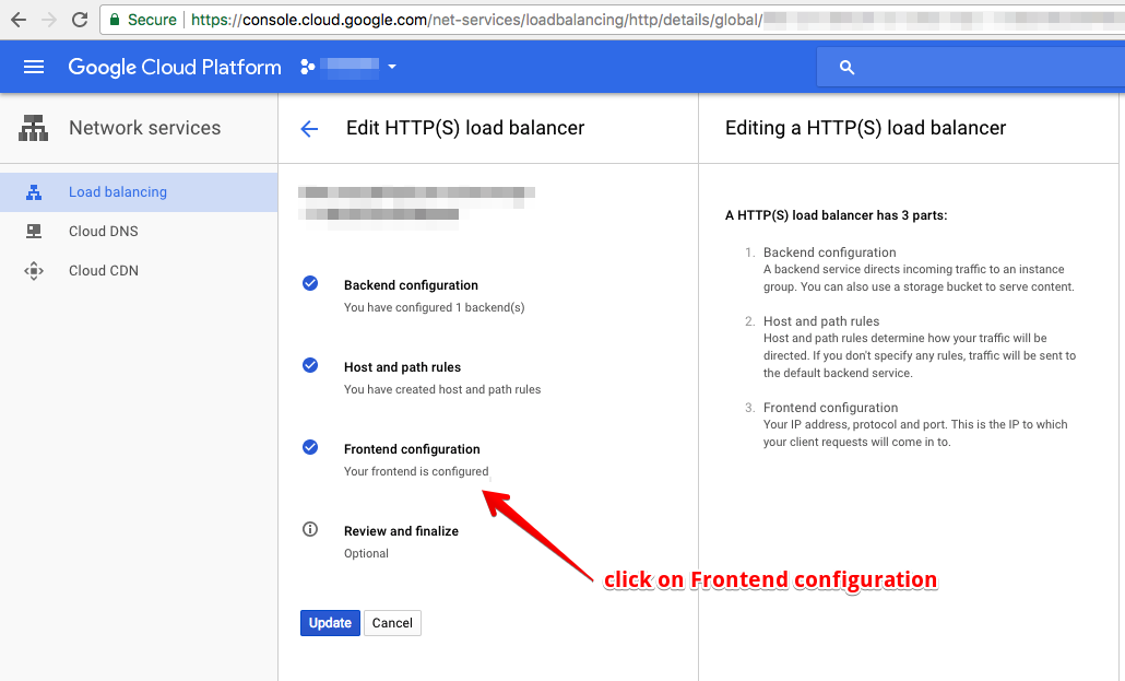 Load Balancer Edit page | GCP